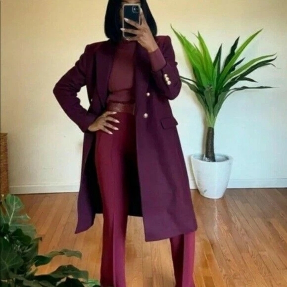 Zara Manteco Wool Elegant Burgundy Long Coat Double Beasted Gold Button - Picture 5 of 17